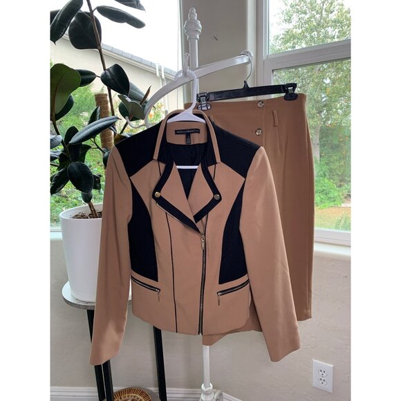 Womens Skirt Suit WHBM Color Block Asym Zip Detail Midi Length Tan Sz 4 7047 - Picture 7 of 11